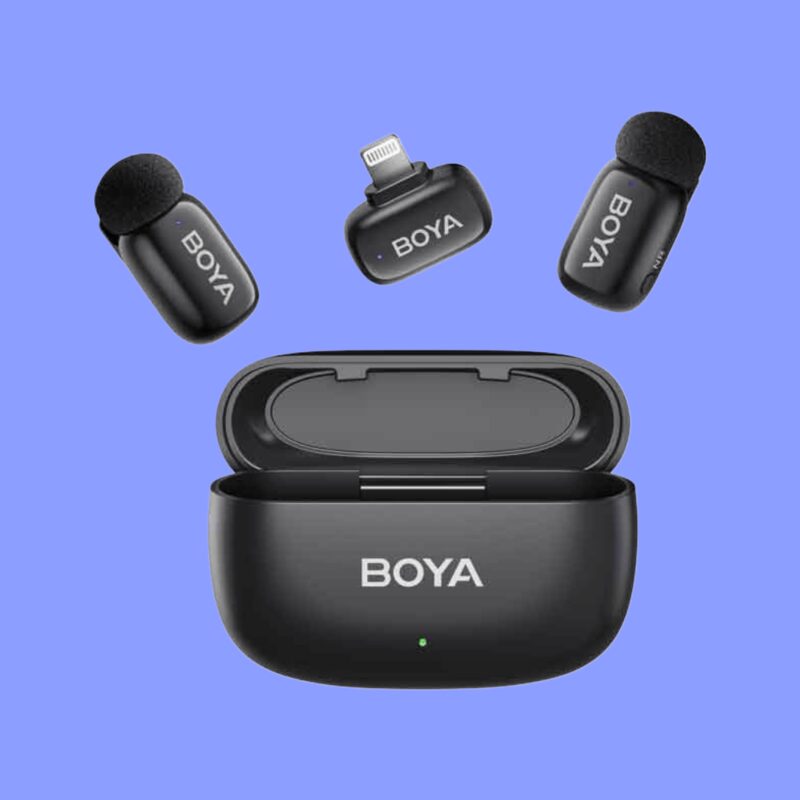 BOYA Mini 15 dual wireless microphone with charging case on blue background for vlogging and live streaming.