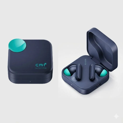 CMF by Nothing Buds Neo wireless earphones with a dark blue charging case and vibrant teal accents