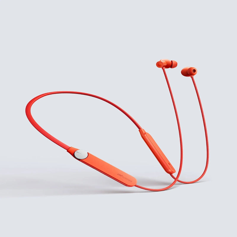 CMF Neckband Pro Wireless Bluetooth Earphones in vibrant orange color featuring long battery life, sweat-resistant design, and built-in microphone for hands-free calls.
