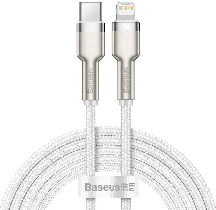 Baseus Cafule Series Metal Data Cable with USB Type-C to Lightning connector, 20W PD fast charging, 2-meter durable white braided cable