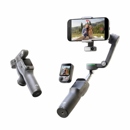DJI Osmo Mobile 8P foldable gimbal shown with detachable touchscreen remote
