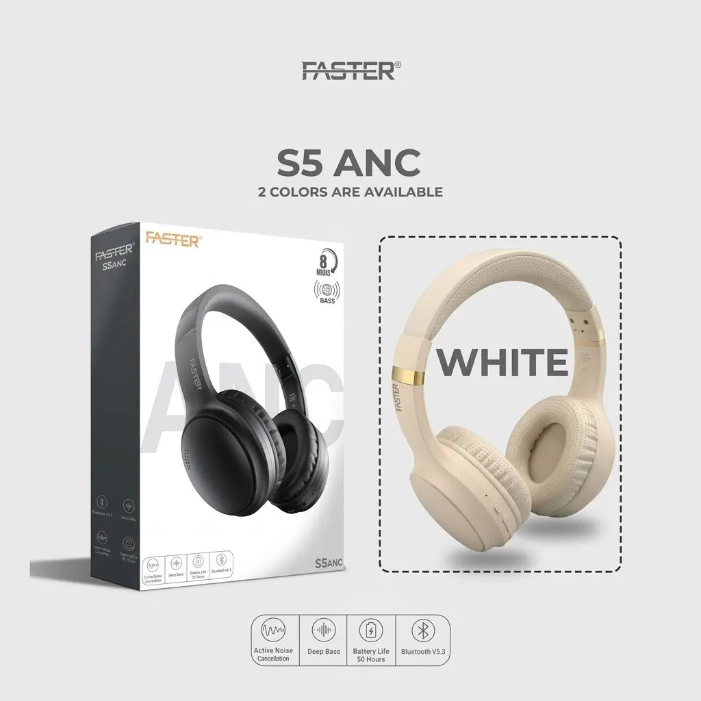 Faster S5 HD Headphones – Bluetooth Listening, Over-Ear Design, Beige Finish