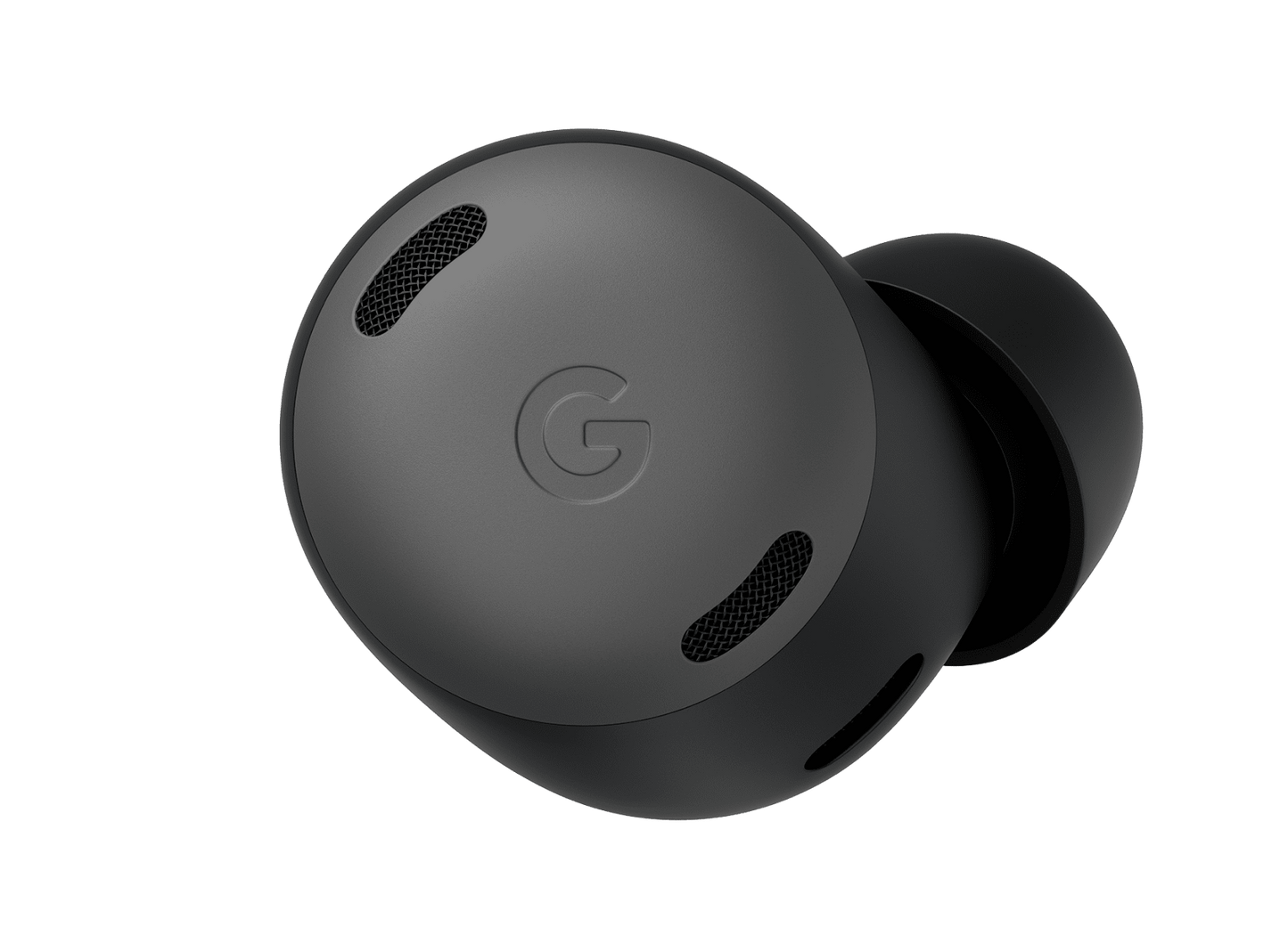 Close-up of a charcoal Google Pixel Buds Pro wireless earbud with a silicone ear tip.