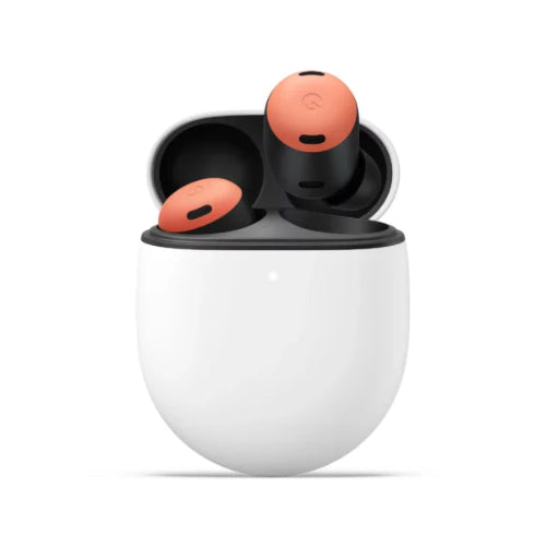 Google Pixel Buds Pro coral wireless earbuds in an open white charging case.