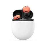 Google Pixel Buds Pro coral wireless earbuds in an open white charging case.
