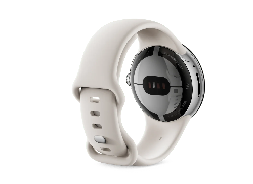 Rear view of Google Pixel Watch 3 showing health sensors and charging contact