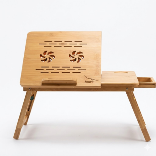 Hawk S2 foldable bamboo laptop desk table with adjustable ventilated top, side platform and storage drawer