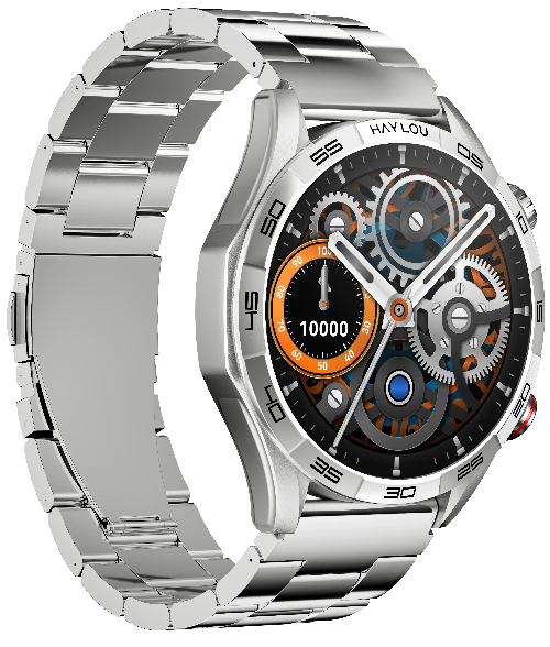 Haylou Solar 5 silver smartwatch with round AMOLED display and metal strap