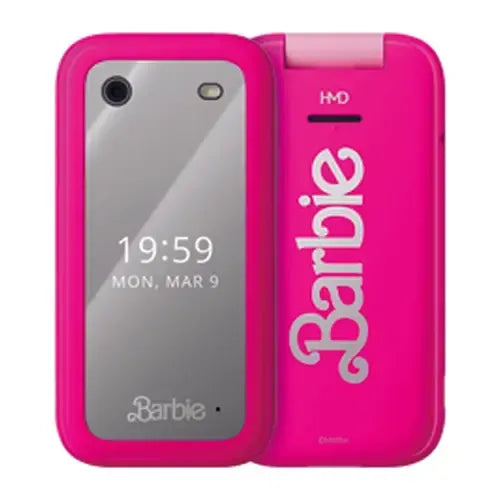 HMD Barbie Phone 4G Power Pink flip phone with Barbie logo and secondary display
