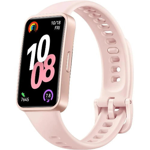 Huawei Band 10 in pink with AMOLED touchscreen, lightweight body, and health tracking features