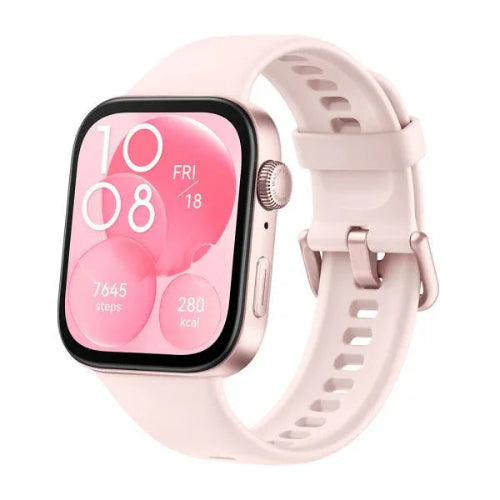 Huawei Watch Fit 3 pink smartwatch with silicone strap and health tracking interface