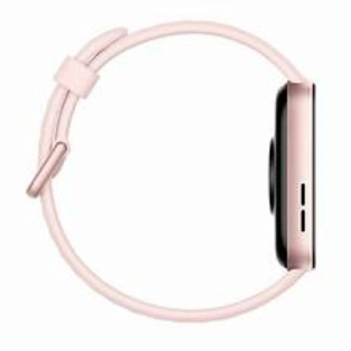 Huawei Watch Fit 3 pink fitness watch showing workout data on a square touchscreen