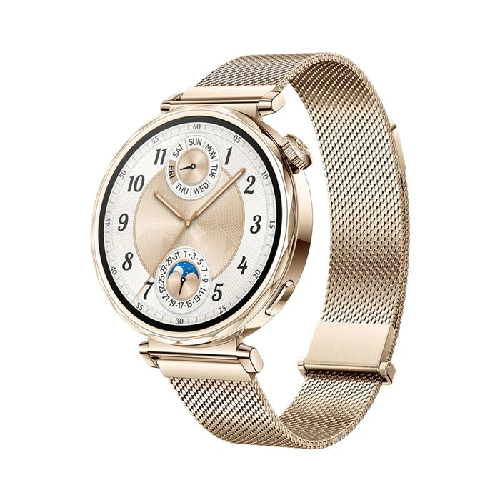 Gold HUAWEI WATCH GT 5 41mm smartwatch with a round AMOLED display and elegant woven Milanese metal strap shown from the front