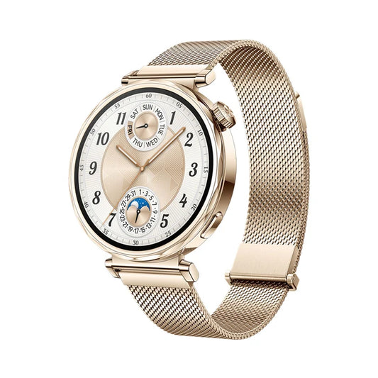 Gold HUAWEI WATCH GT 5 41mm smartwatch with a round AMOLED display and elegant woven Milanese metal strap shown from the front