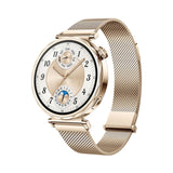 Gold HUAWEI WATCH GT 5 41mm smartwatch with a round AMOLED display and elegant woven Milanese metal strap shown from the front