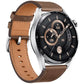 Huawei Watch GT3 46mm smartwatch with brown leather strap and silver case, front angled view