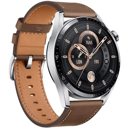Huawei Watch GT3 46mm smartwatch with brown leather strap and silver case, front angled view