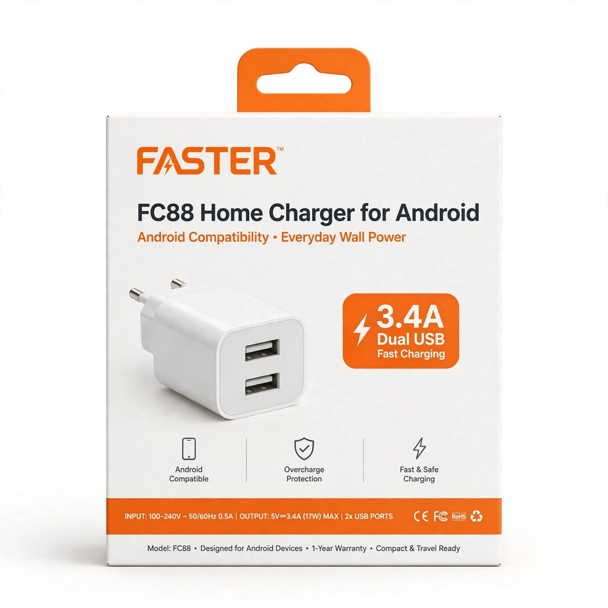 Faster FC88 Home Charger for Android – Android Compatibility, Everyday Wall Power