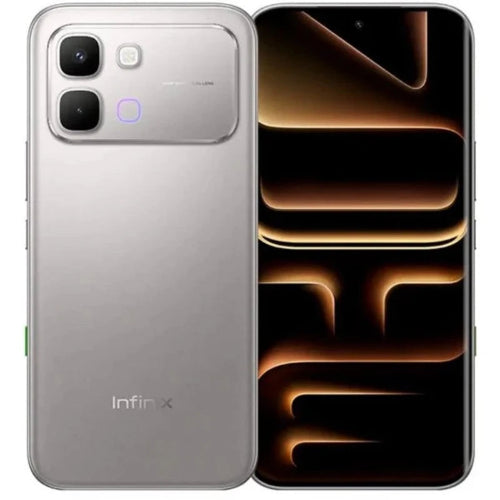 Infinix NOTE Edge 5G smartphone in Lunar Titanium color showing front and back design with AMOLED display and dual camera setup