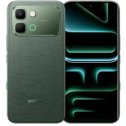 Infinix NOTE Edge 5G Silk Green variant showing premium textured back design and vibrant AMOLED display front view