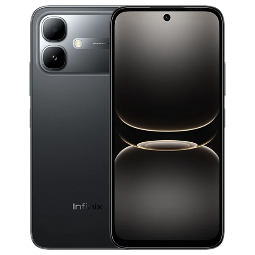 Infinix Smart 20 black 4GB RAM 64GB ROM 4G smartphone with punch-hole screen and premium rear design.