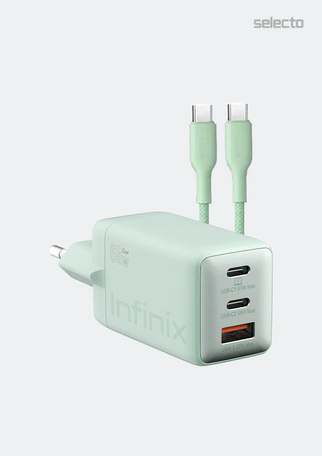 Infinix XDC95 68W GaN fast charger set in green with 100W Type-C braided cable