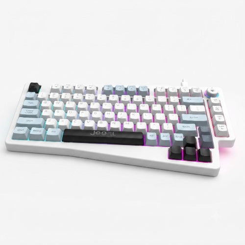JeDEL K512 RGB wired gaming keyboard with colorful backlit keys and USB connection for PC gaming setup