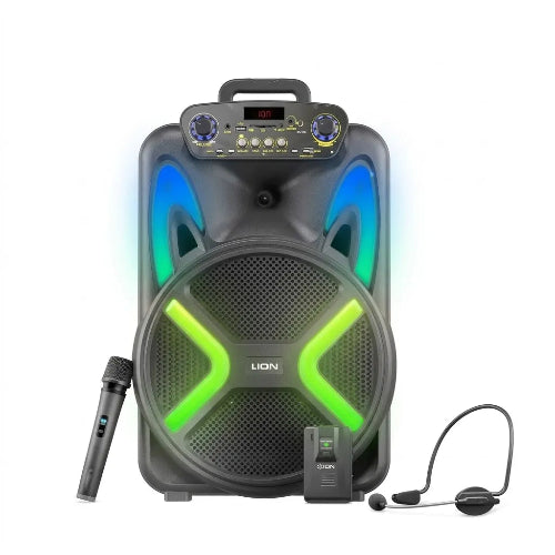 Login L-266 Ronaq portable PA speaker with 15-inch woofer, 40W RMS output, RGB lights, and trolley design.