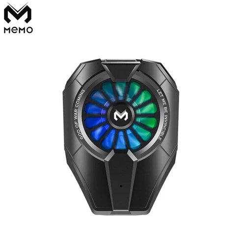MEMO DL06 mobile phone cooler fan front view with RGB light and black gaming radiator design