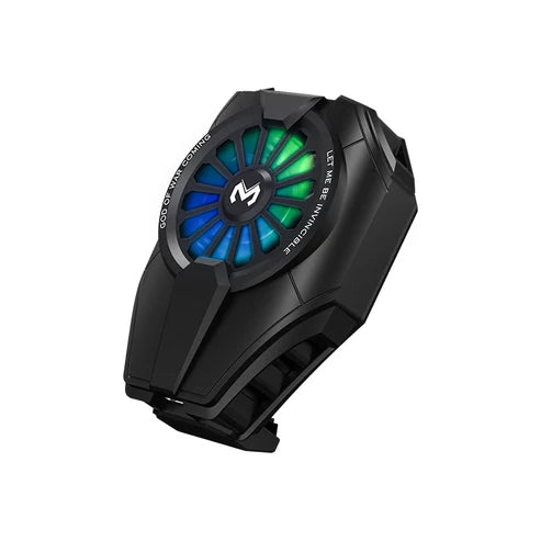 MEMO DL06 phone cooling fan side angle showing portable black body, RGB fan light, and clip design