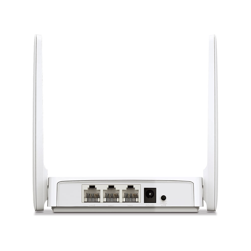 Mercusys AC10 WiFi router back view showing LAN ports, WAN port, power input and WPS reset button