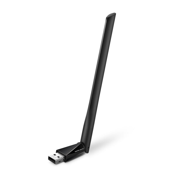 Mercusys MA30H AC1300 USB WiFi adapter front angle with high-gain antenna and USB connector
