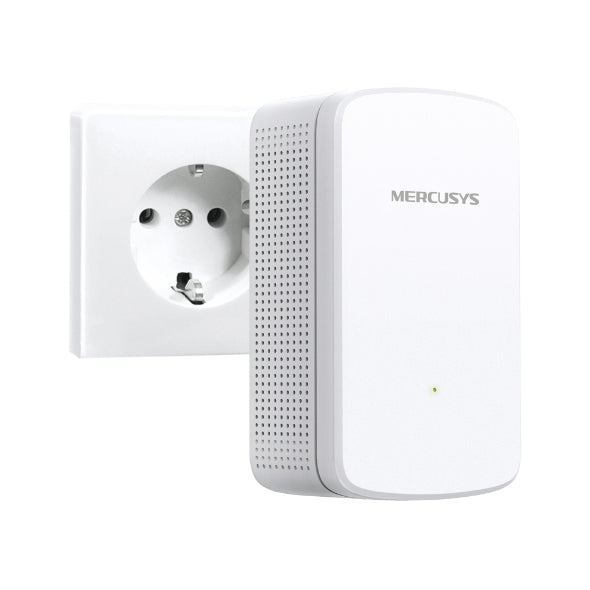 Mercusys ME10 300Mbps range extender plugged into wall socket with white compact design and signal indicator