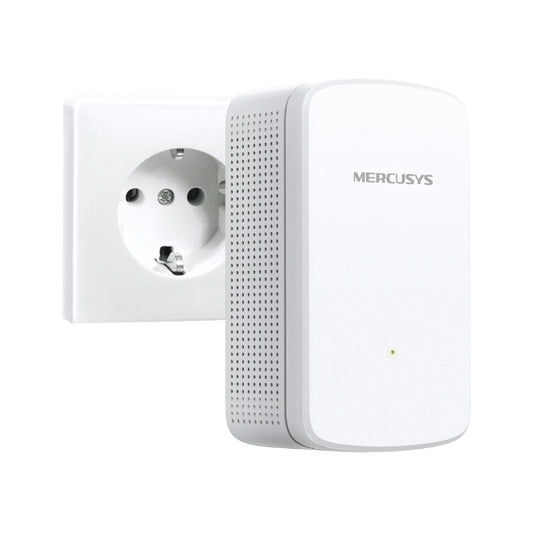 Mercusys ME10 300Mbps range extender plugged into wall socket with white compact design and signal indicator