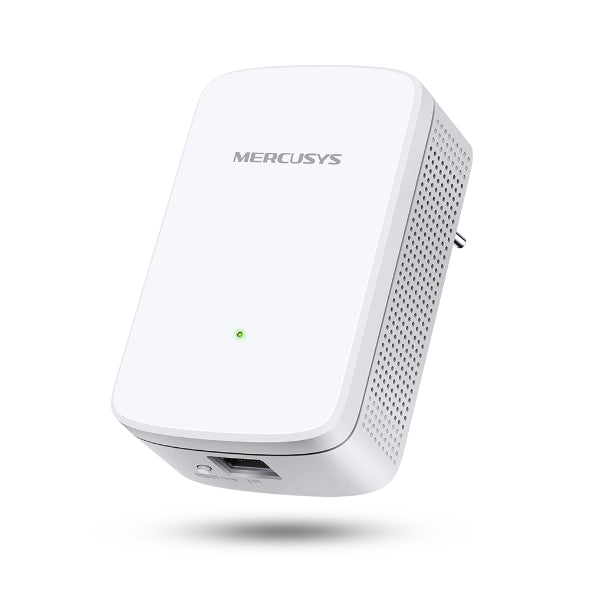 Mercusys ME10 300Mbps Wi-Fi range extender front angle with signal LED, Ethernet port and wall plug detail