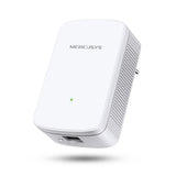 Mercusys ME10 300Mbps Wi-Fi range extender front angle with signal LED, Ethernet port and wall plug detail