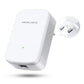 Mercusys ME10 Wi-Fi range extender front side angle with compact white body, signal LED and LAN port