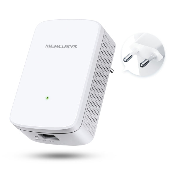 Mercusys ME10 Wi-Fi range extender front side angle with compact white body, signal LED and LAN port