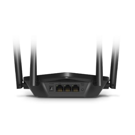 Mercusys MR30G AC1200 Gigabit router back view showing power input, WAN port, LAN ports and antennas