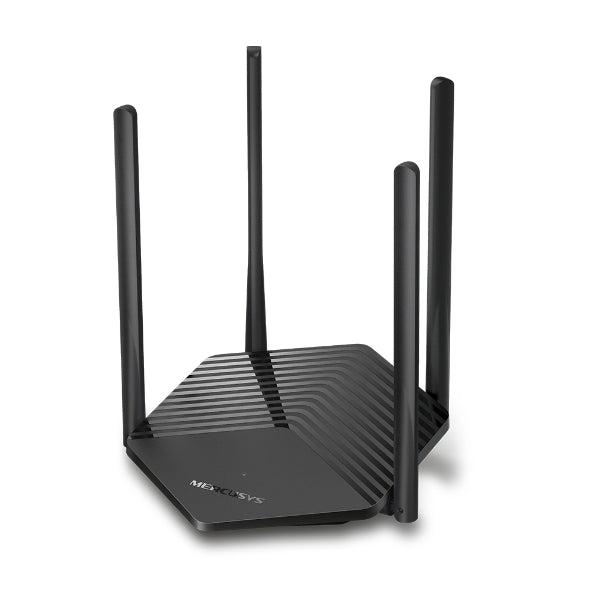 Mercusys MR60X AX1500 WiFi 6 router top side angle showing slim black design and antennas.