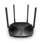Mercusys MR80X AX3000 WiFi 6 router front view with four external antennas and black design