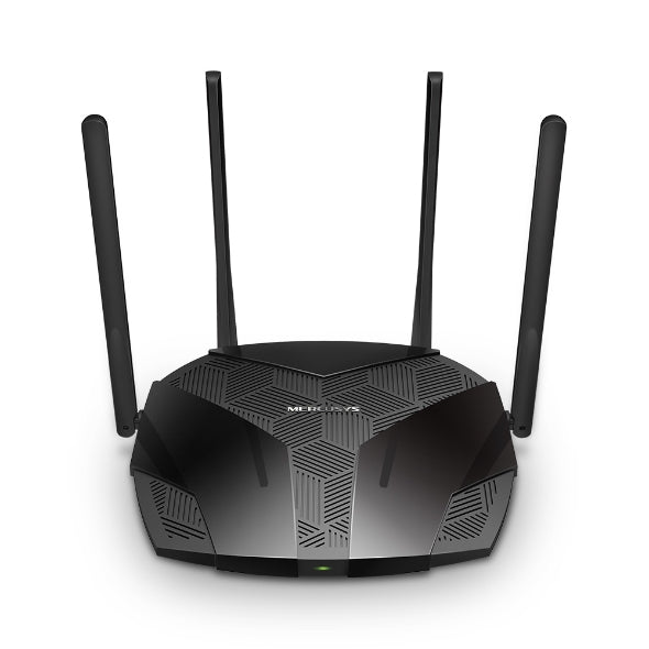 Mercusys MR80X AX3000 WiFi 6 router front view with four external antennas and black design