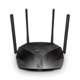 Mercusys MR80X AX3000 WiFi 6 router front view with four external antennas and black design