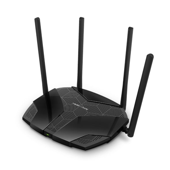 Mercusys MR80X AX3000 dual-band WiFi 6 router top side angle with high-gain antennas.