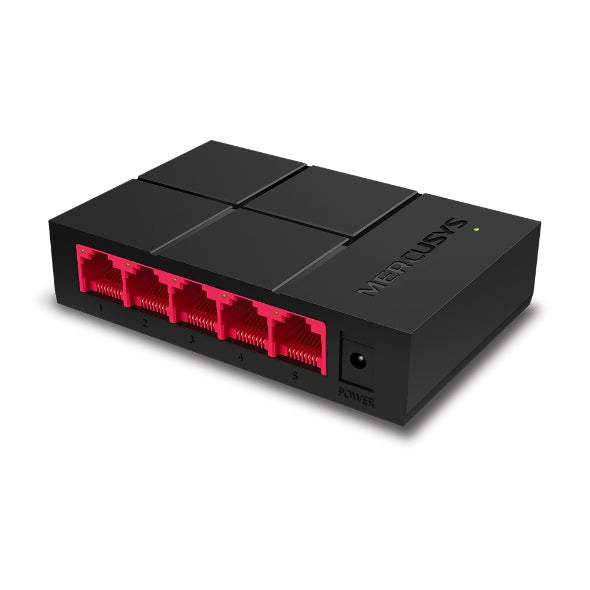  Mercusys MS105G Gigabit desktop switch side angle with five Ethernet ports and compact black design
