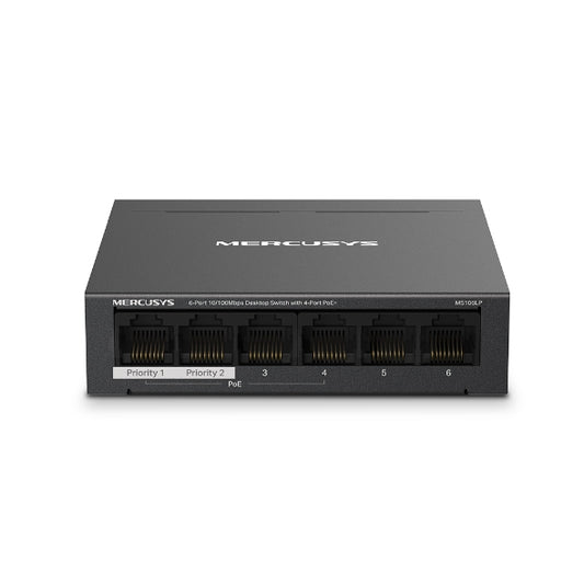 Mercusys MS106LP 6-Port PoE+ desktop switch front view showing RJ45 ports and black metal casing