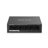 Mercusys MS106LP 6-Port PoE+ desktop switch front view showing RJ45 ports and black metal casing