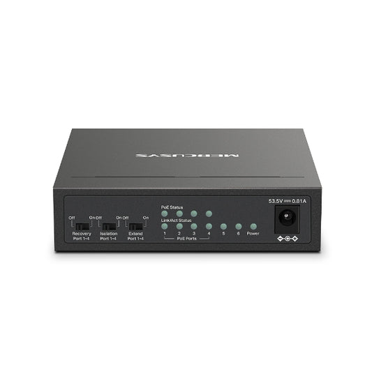 Mercusys MS106LP 6-Port PoE+ switch back view showing power input, mode switches and LED indicators