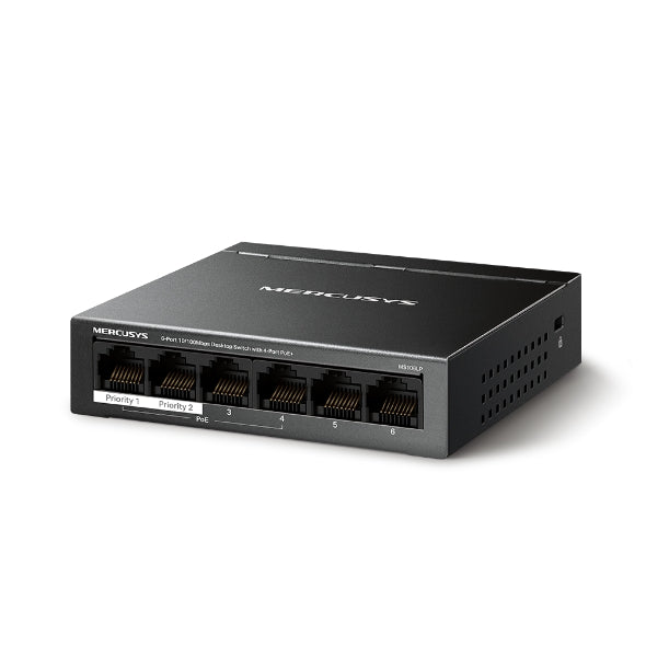 Mercusys MS106LP PoE+ switch front side angle with 6 Fast Ethernet ports and compact metal body