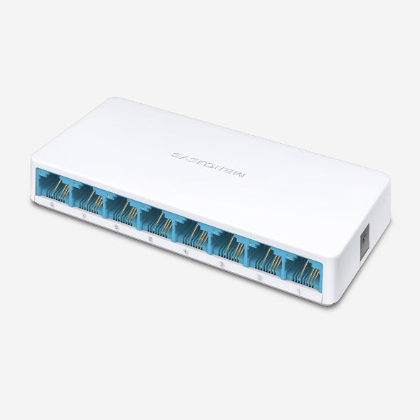 Mercusys MS108 8-Port 10/100Mbps desktop switch front angle showing blue RJ45 Ethernet ports and white compact design